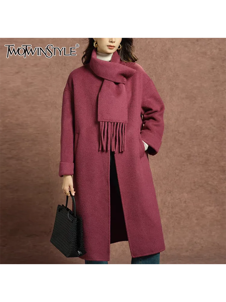 

TWOTWINSTYLE Solid Patchwork Scarf Elegant Trench For Women High Collar Long Sleeve Spliced Single Breasted Long Coats Female