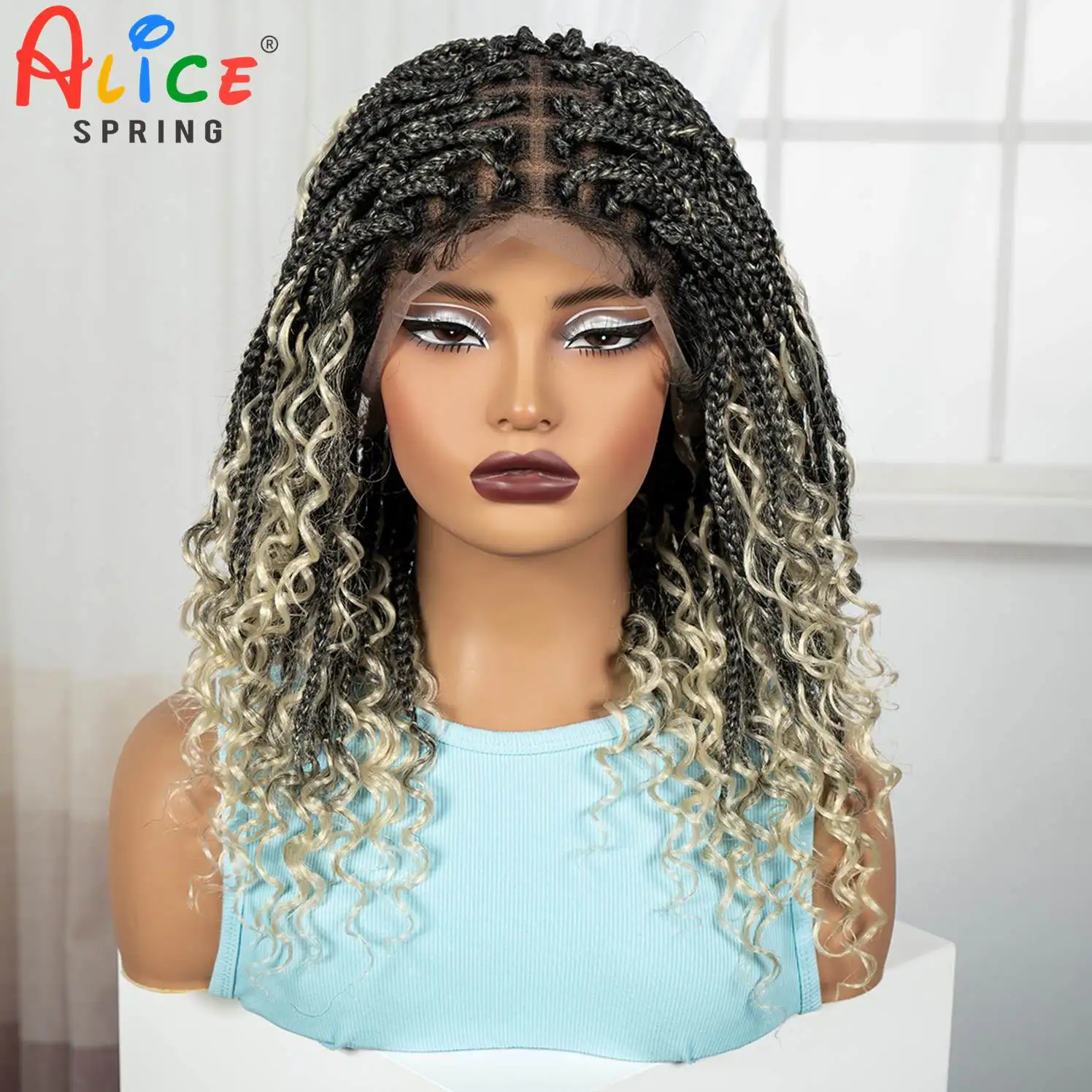 Knotless Box Braided Wigs with Curly Ends Synthetic Full Lace Blonde Ombre Braids Wig Short Boho Bob Braided Wig for Black Women