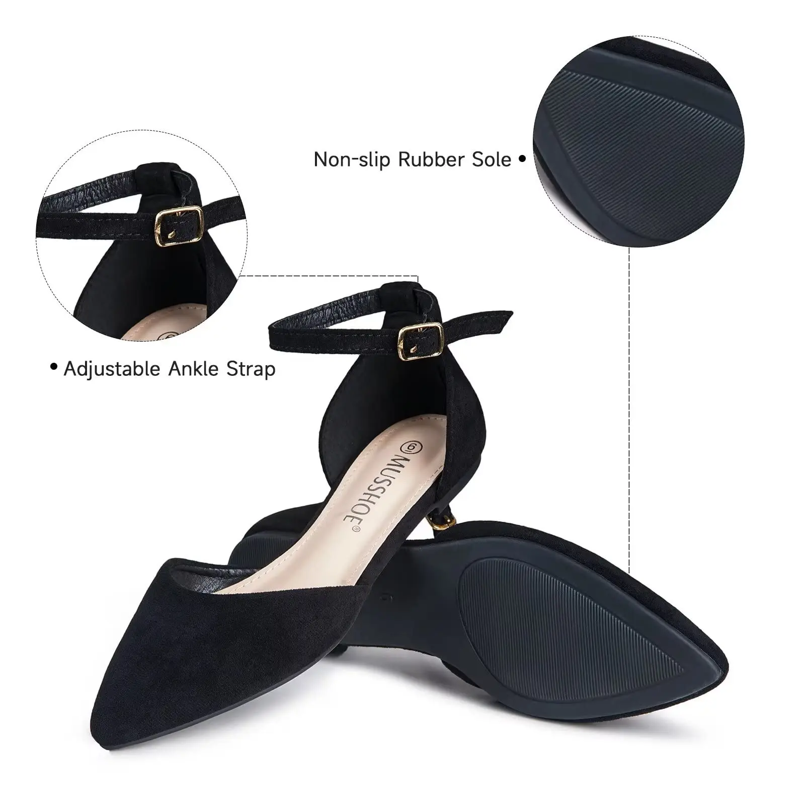 MUSSHOE Flat Shoes Women Pointed Toe Ankle Strap Ballet Flats Adjustable Buckle Low Flats Shoes for Work Wedding Office Casual