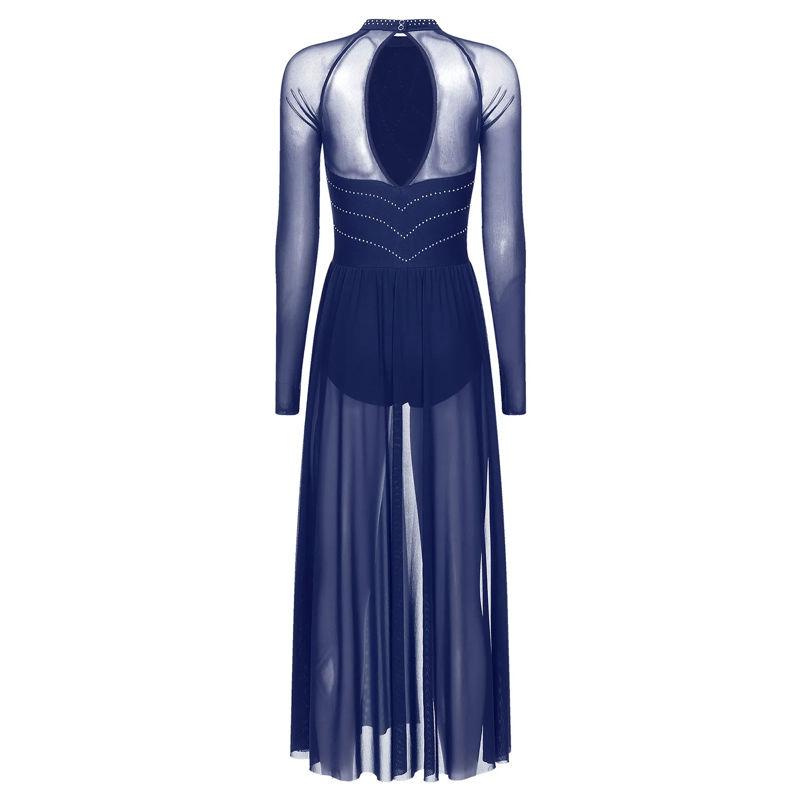 Womens Lyrical Dance Performance Costume Shiny Rhinestone Long Sleeve Split Dress Leotard Ballet Gymnastics Skating Dancewear