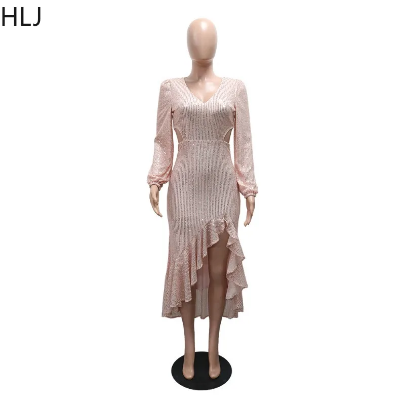 HLJ أنيقة الترتر كشكش المرقعة Bodycon فستان طويل المرأة مشرقة كم طويل العميق الخامس الرقبة فساتين الإناث كلوبوير Vestidos