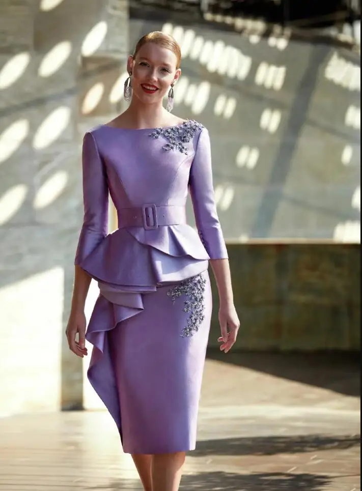 Lavender lilac Backless Mother Of The Bride Dresses Sheath Appliqued knee-length long sleeve mother occasion prom gown