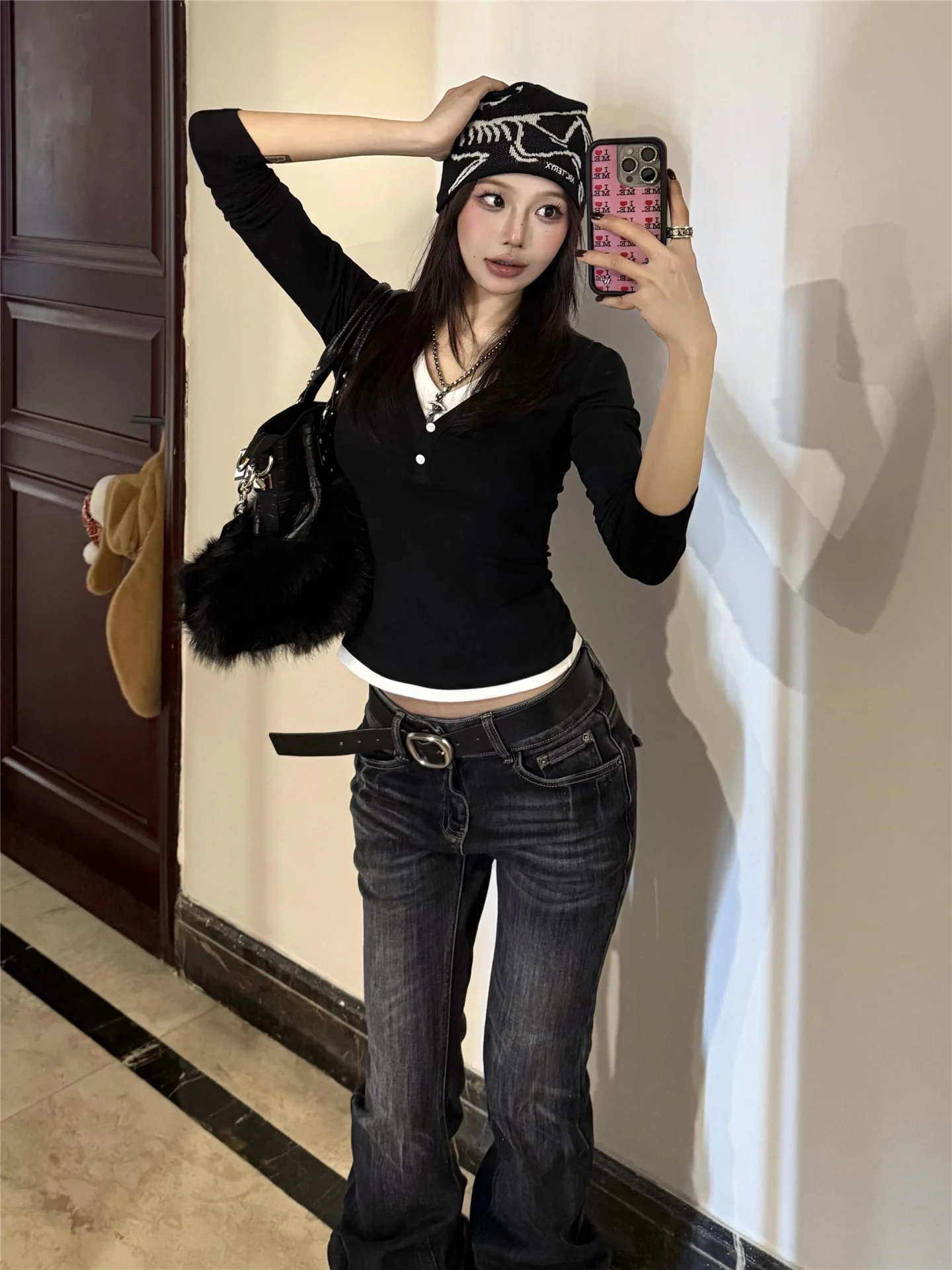 

Джинсы-клеш с низкой посадкой Slim Fit, черные, сексуальные, в стиле High Street, женские, весенний дизайн, прямые джинсы из денима