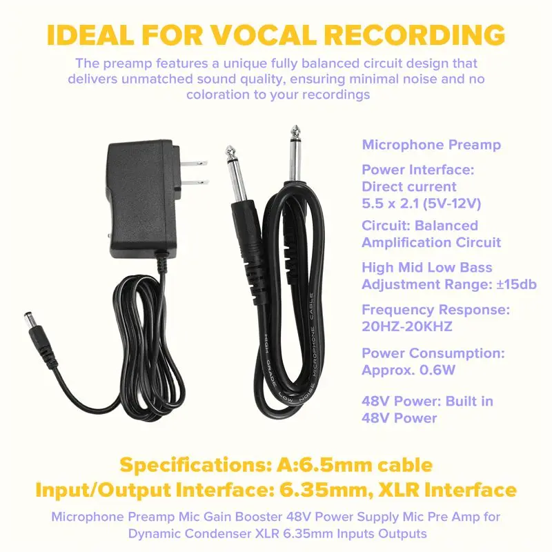 AU61-Microphone Preamp 3-Band Equalizer Balanced XLR Interface 60Db Gain Mic Pre Amp For Dynamic And Condenser Mic US Plug