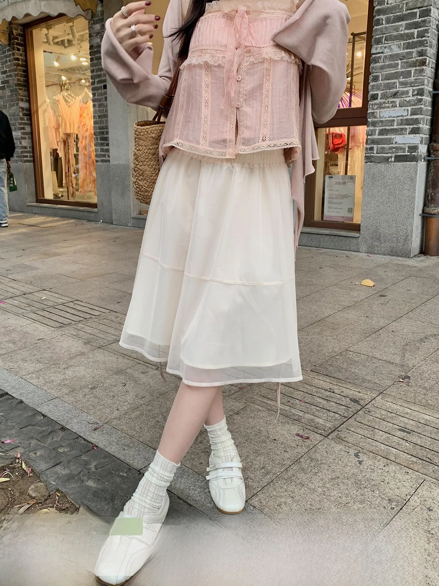 

Юбка А-силуэта с высокой талией персикового цвета с сетчатыми вставками для женщин, весенняя коллекция, утягивающая юбка для фигуры типа «груша»