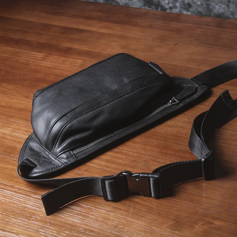 Fashionable multifunctional outdoor natural genuine leather men chest bag waist bag youth chest cowhide bag black small satchel