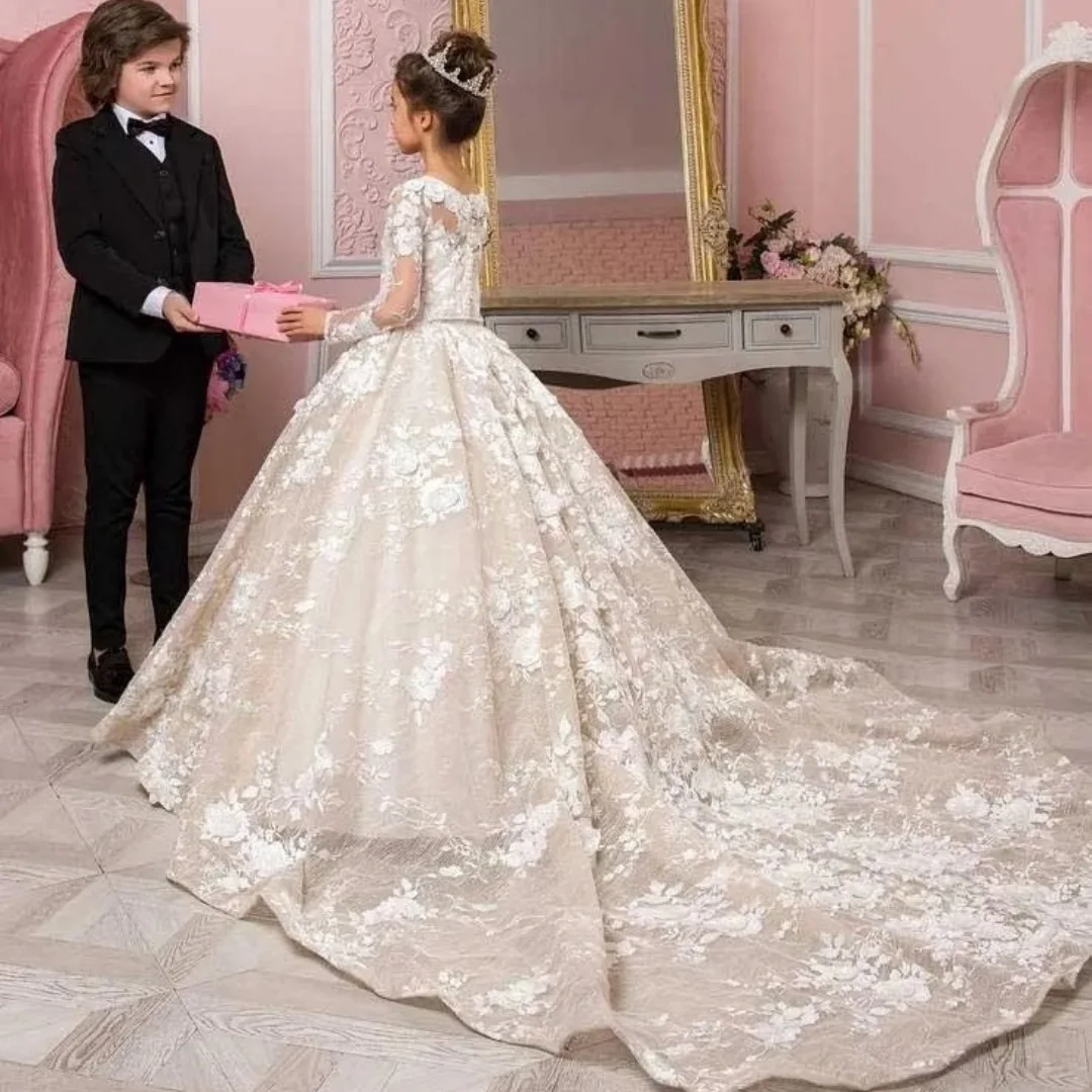 フルスリーブフラワーガールドレス結婚式用レースアップリケガールウエディングドレス写真撮影用初聖体ドレスカスタマイズ