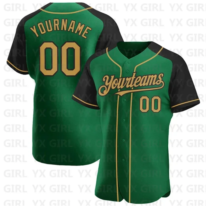 Custom Kelly Green Old Gold-Black Authentic Raglan Sleeves Baseball Jersey 3D Printed Men Women Casual Shirts Sport Unisex Tops