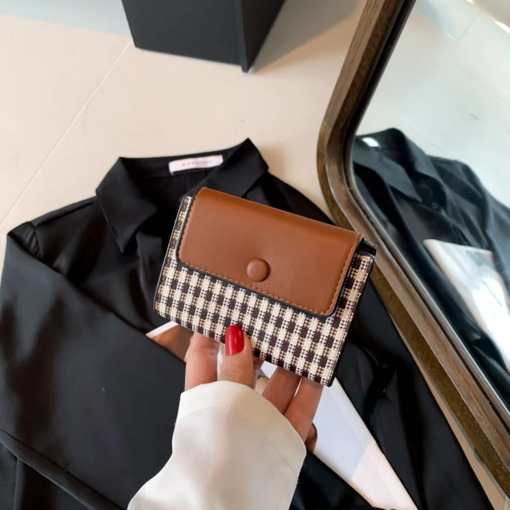 Fashion Ins Mini Card Bag Color Contrast Tartan Short Clutch Bag PU Handbag Card Holder Daily