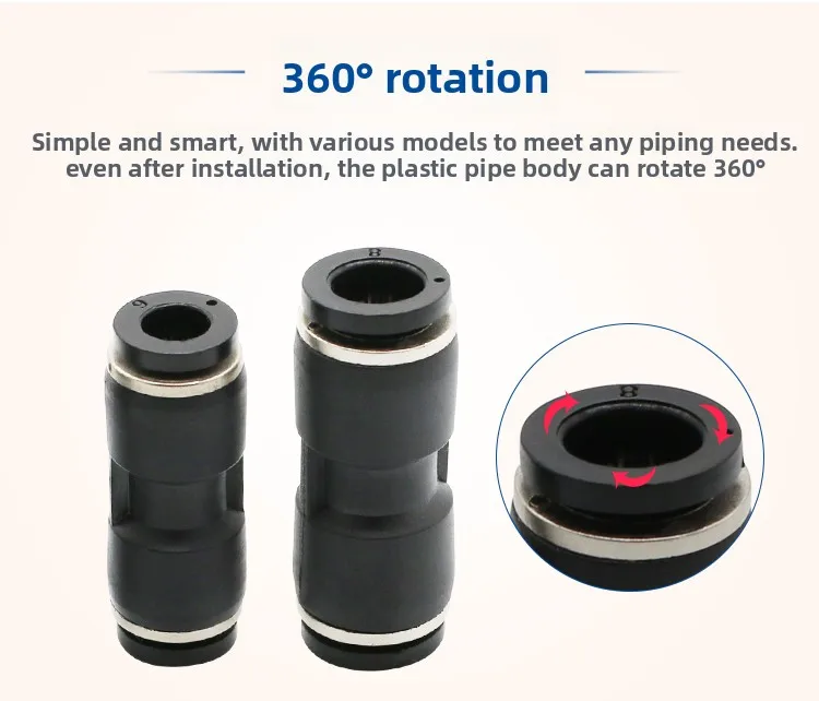High-quality PU4, PU6, PU8, PU10, PU12, PU16 air tube fittings, pneumatic push-in connectors, plastic straight union push-in fit