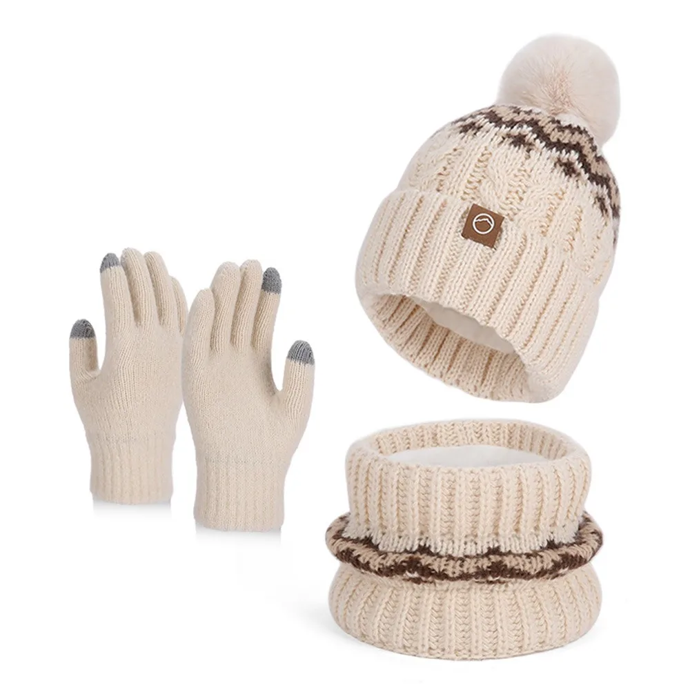 3Pcs/Set Fashion Warm Winter Hat Scarf Gloves Neck Protection Knitted Hat Windproof Soft Scarf Cap Men Women