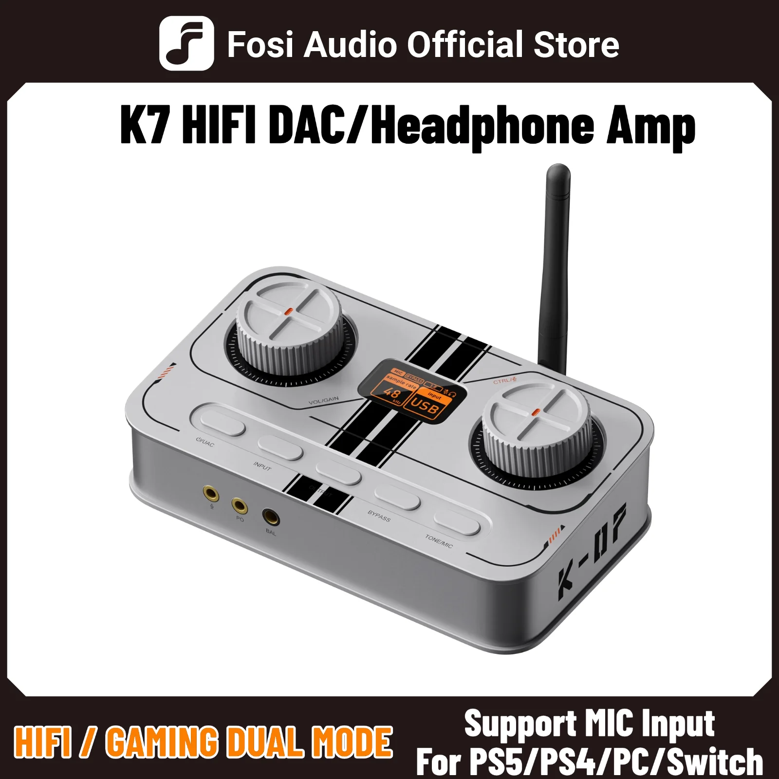 Fosi Audio K7 White Gaming Headphone Amp Bluetooth HiFi Desktop DAC Amplifier for PS5 PC Switch Mic Input 3.5mm/4.4mm Output