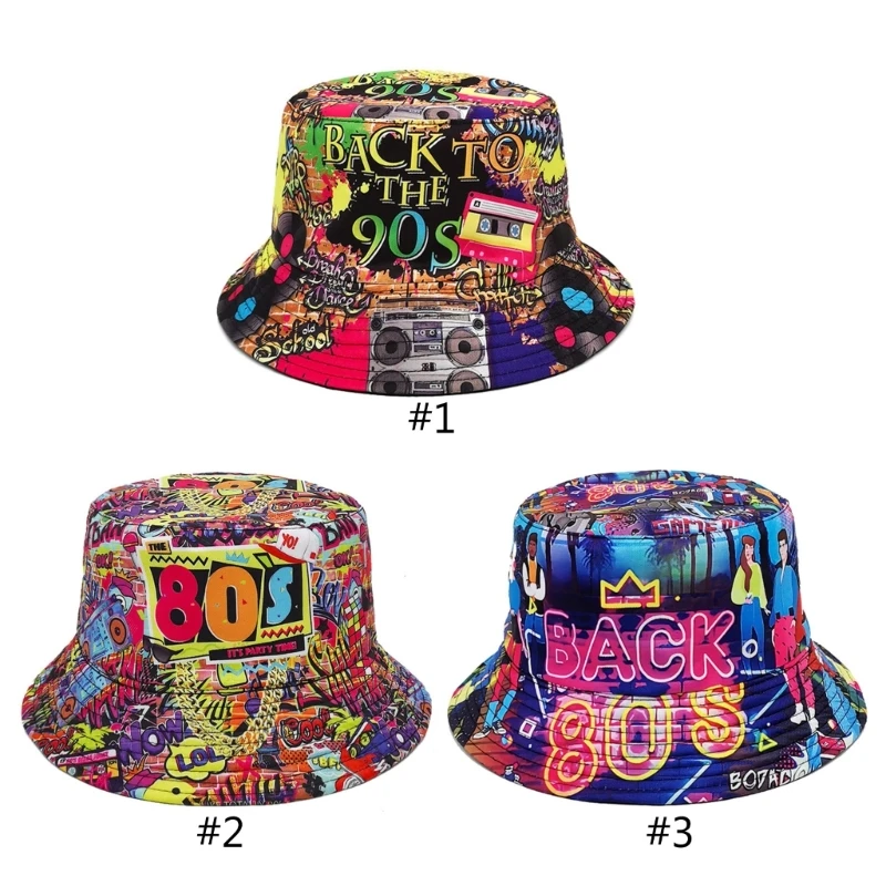 Jaren '80 Jaren '90 Vintage Vissershoed voor Dames Heren Ademend Kleurrijke Print Cap Zonbeschermende Hoed Dubbelzijdig Hiphop Emmer Hoed