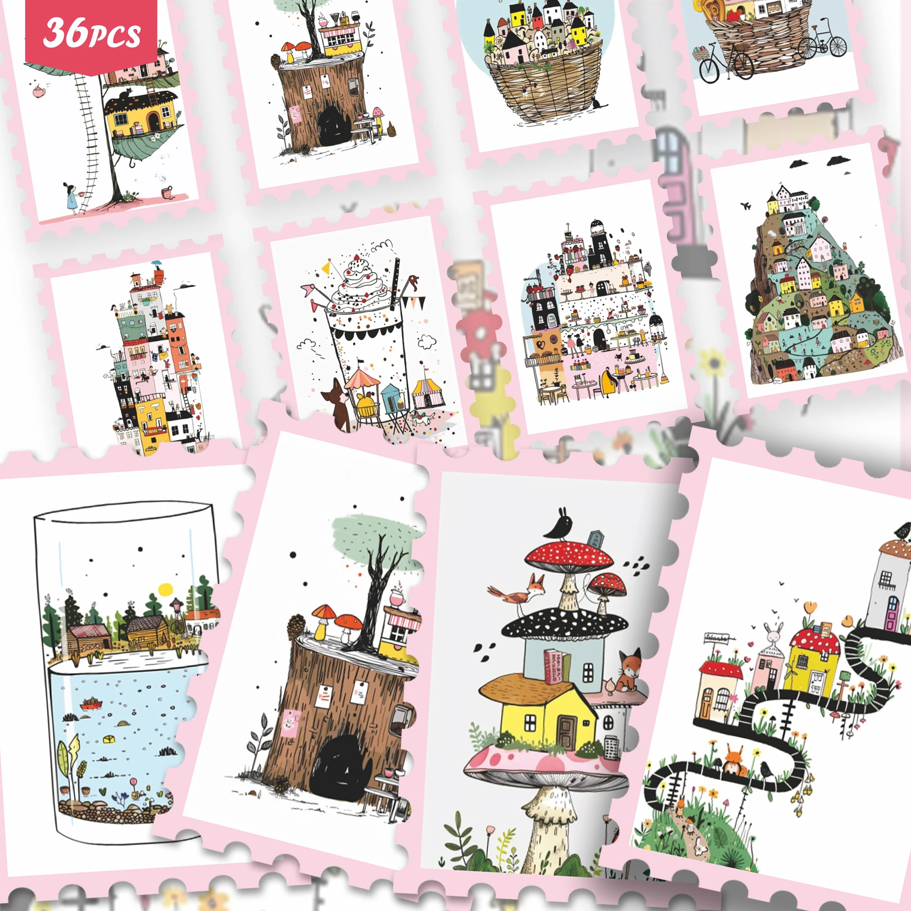 36PCS Mini Dreamy Town Art Stickers, assorted cute tiny house doodle patterns with soft pastel tones, cheerful cozy vibe, premiu