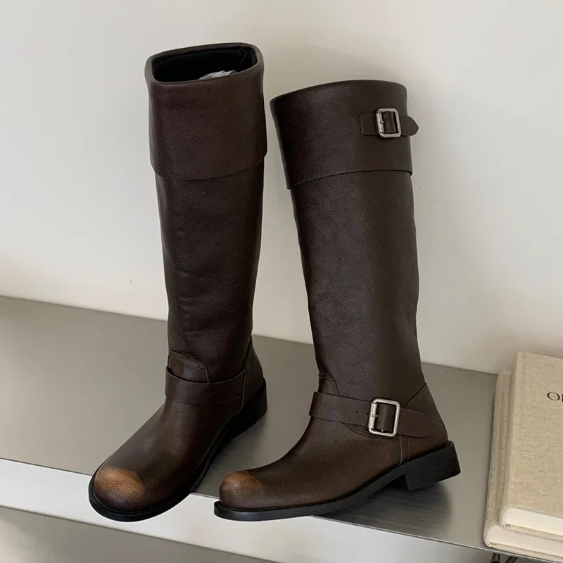 Eilyken New Design Splicing Belt Buckle Knee-High Boots Women Retro Round Toe Square Low Heels Autumn Winter Shoes
