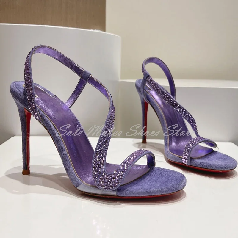 

Summer Open Toe Glitter Purple Stiletto Heel Sandals Concise Slip On Rhinestone Party Dress Shoes Women's Sexy Wedding Shoes