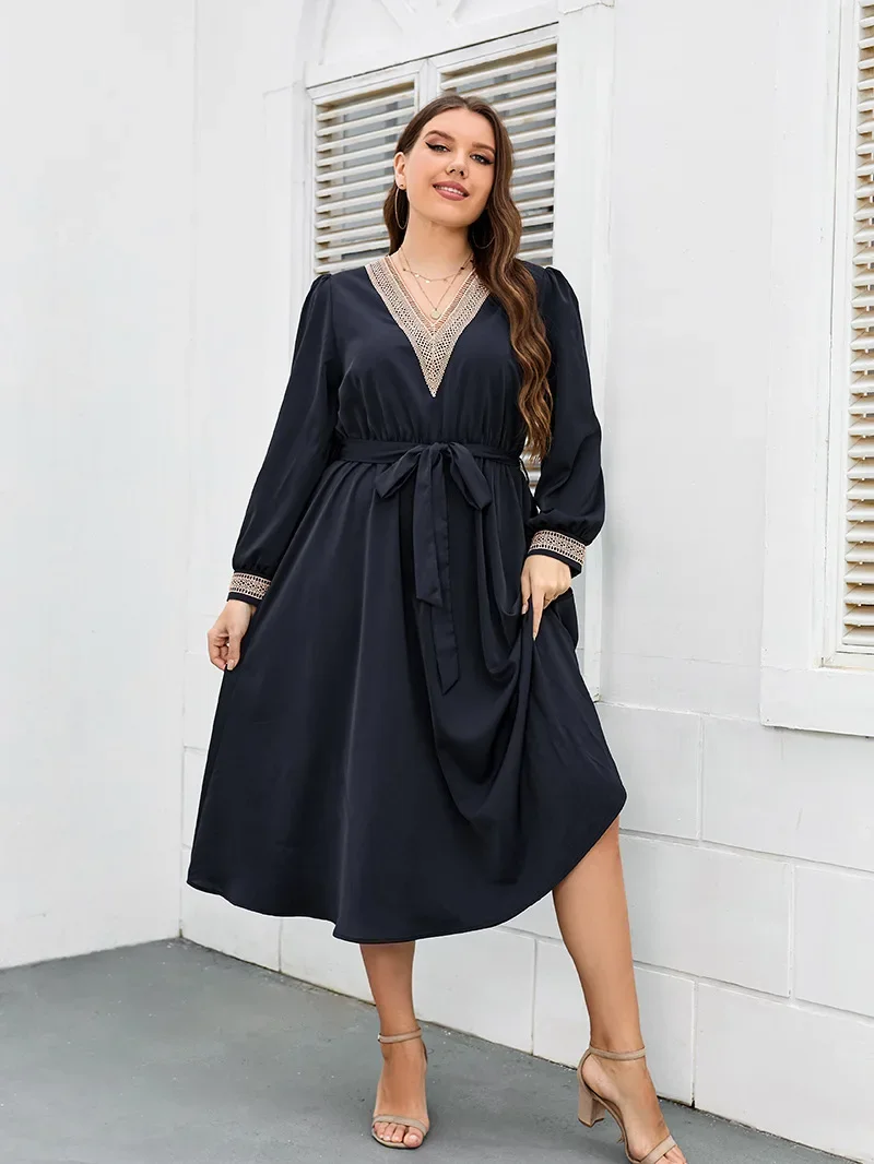 Vestido de talla grande para mujer, Vestido largo de manga larga con cuello en V, cinturón de cintura, Color sólido, ropa elegante para fiesta de otoño