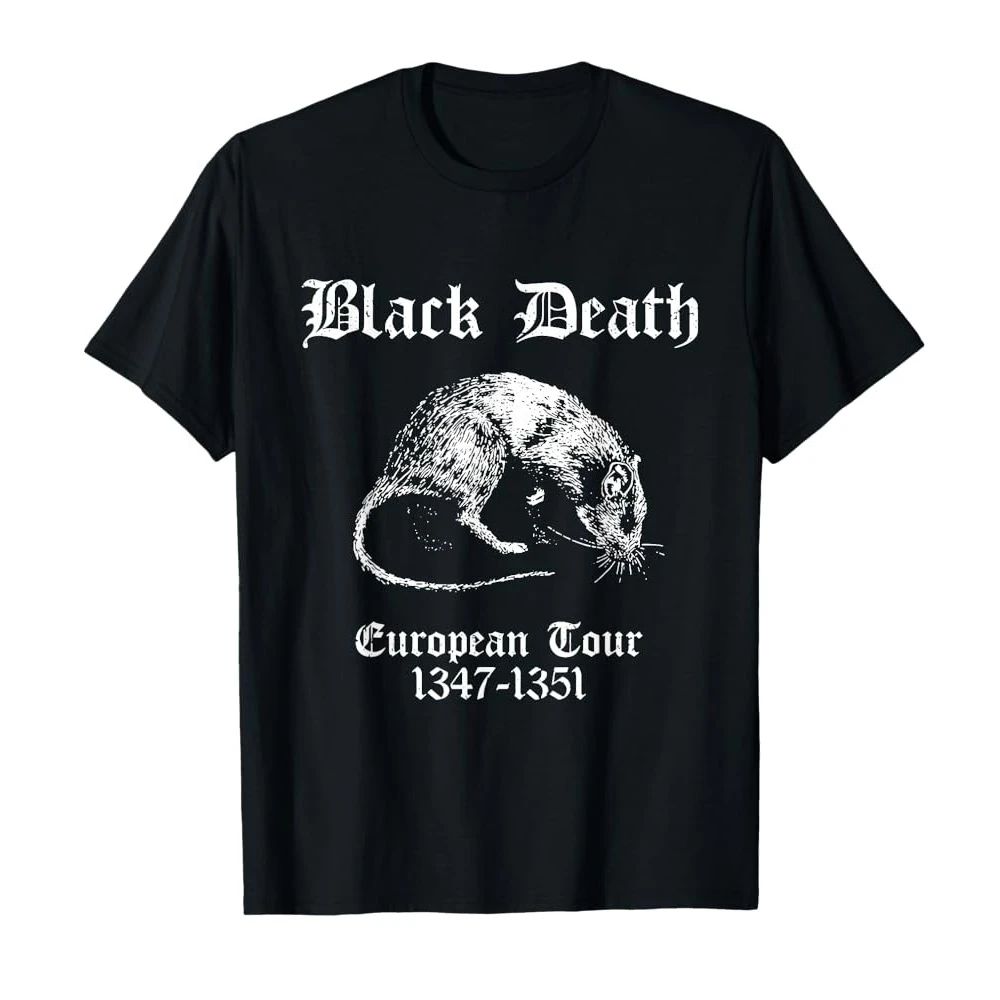 تي شيرت برسومات جرافيك للرجال والنساء باللون الأسود للموت الأوروبي 1347-1351 - تي شيرت أسود كاجوال بأكمام قصيرة مع تصميم ماوس الطاعون العتيق #2
