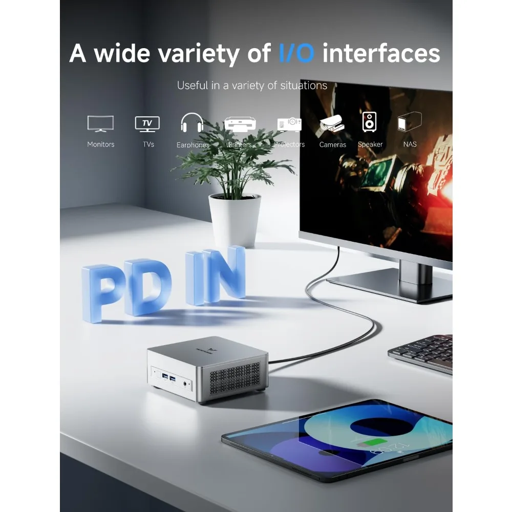 مطعم وملحقات/كمبيوتر صغير نحيف AMD Ryzen 7 8745H 8C/16T كمبيوتر مكتبي هيكلي بدون ذاكرة الوصول العشوائي/SSD/OS، HDMI/DP/USB4 8K@60 هرتز