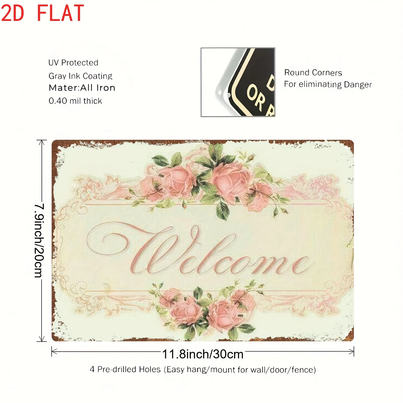 2D Flat, 7.87X11.81inch Thickened Retro Painting, Retro Floral Welcome Sign Design, Design Adopted, Fashionable Wrought