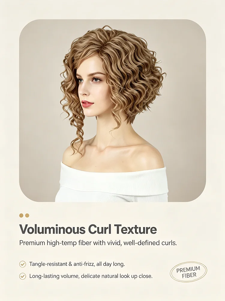 Short Curly Synthetic Wigs For Women Ash Golden Brown with Blonde Highlights Small Curls Heat Resistant Fiber Daily Party Wig