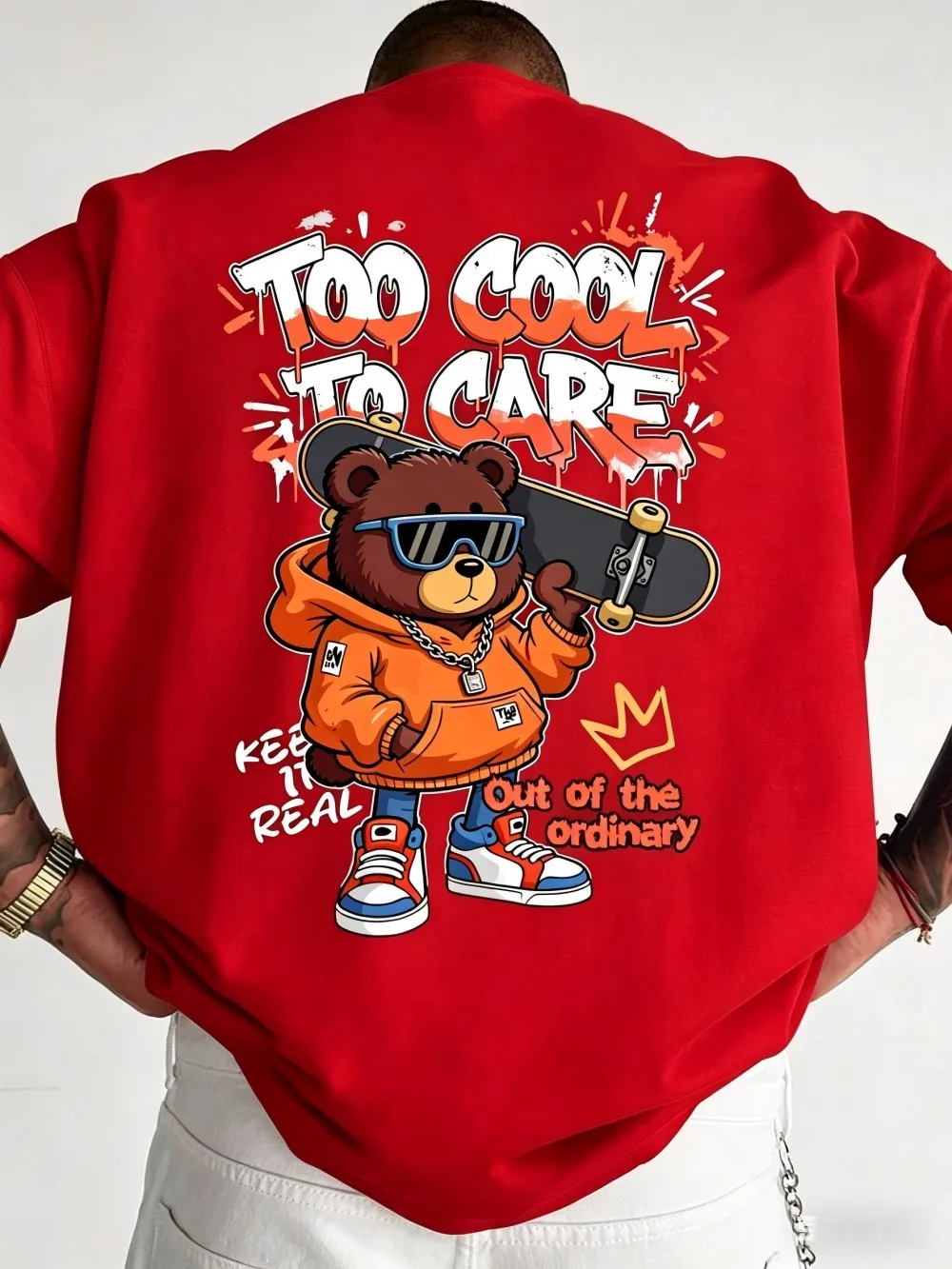 American men's summer cool skateboard teddy bear letter print micro elastic breathable round neck T-shirt outdoor street top