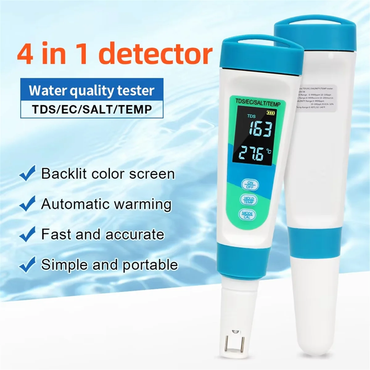 

CLCU 4 in 1 TDS/EC/Salinity/Temperature Detector Salt Content Water Quality Meter for Swimming Pool Drinking Water Aquarium
