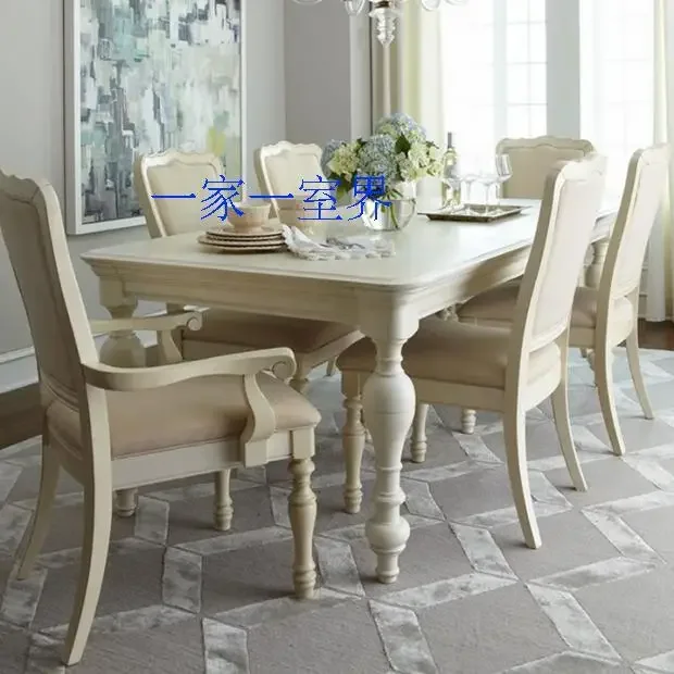 American country solid wood long dining table ivory white dining table and chairs Nordic modern negotiation table European simpl