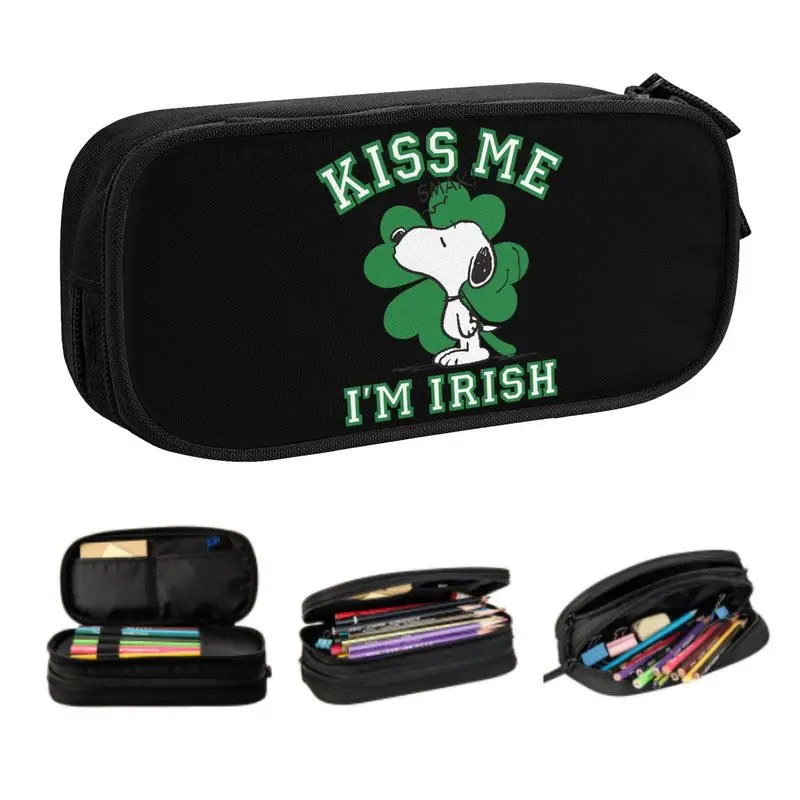 Custom Cute S-Snoopys Kiss Me I'm Irish Pencil Cases for Boys Gilrs Big Capacity Pencil Bag School Accessories