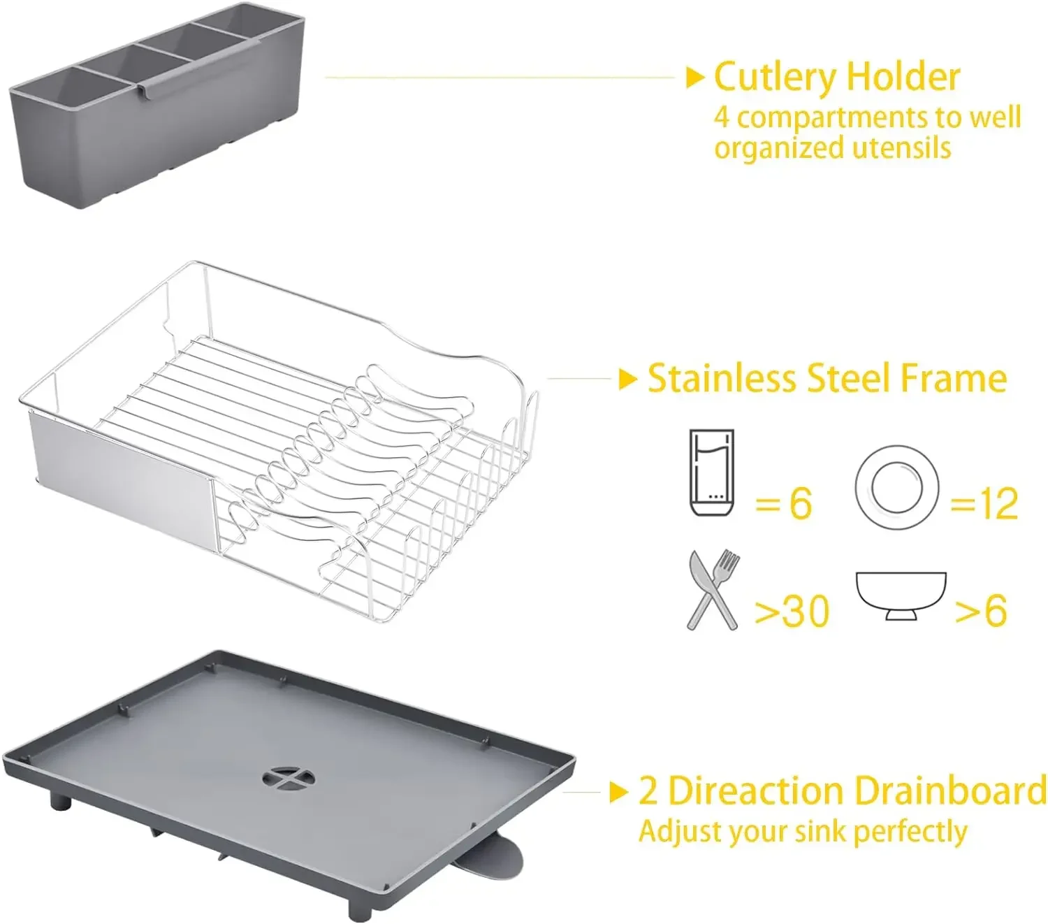 TOOLF Dish Rack, 304 Stainless Steel Dish Drying Rack for Kitchen Counter, Dish Drainer with Cutlery Holder for Large Capacity,