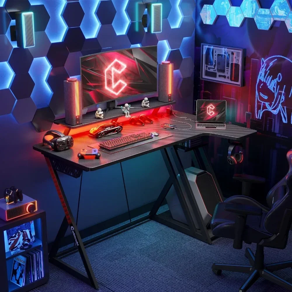 

-Gaming Desk With LED Lights Power Outlets,40 Inch L Shaped Carbon Fiber Surface Withs Storage Shelves,Black Computer Desks