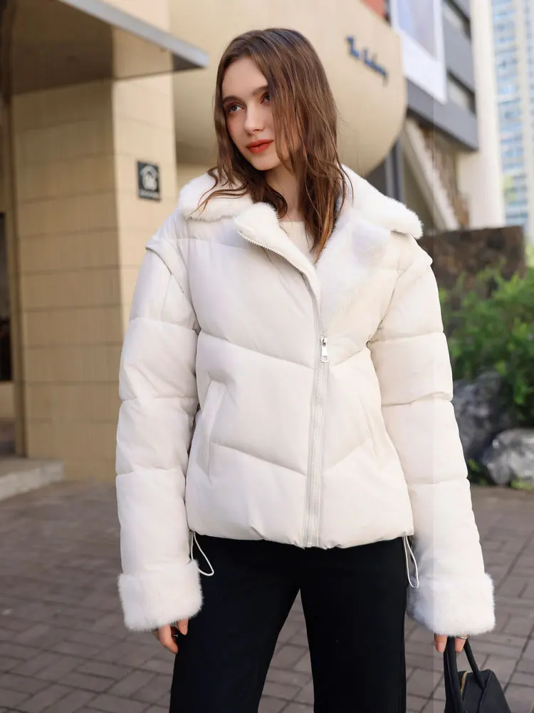 Vielleicht 新しい女性の冬のパーカー服厚いジャケットカジュアル取り外し可能なスリーブショートファーターンダウン襟冬コート生き抜く