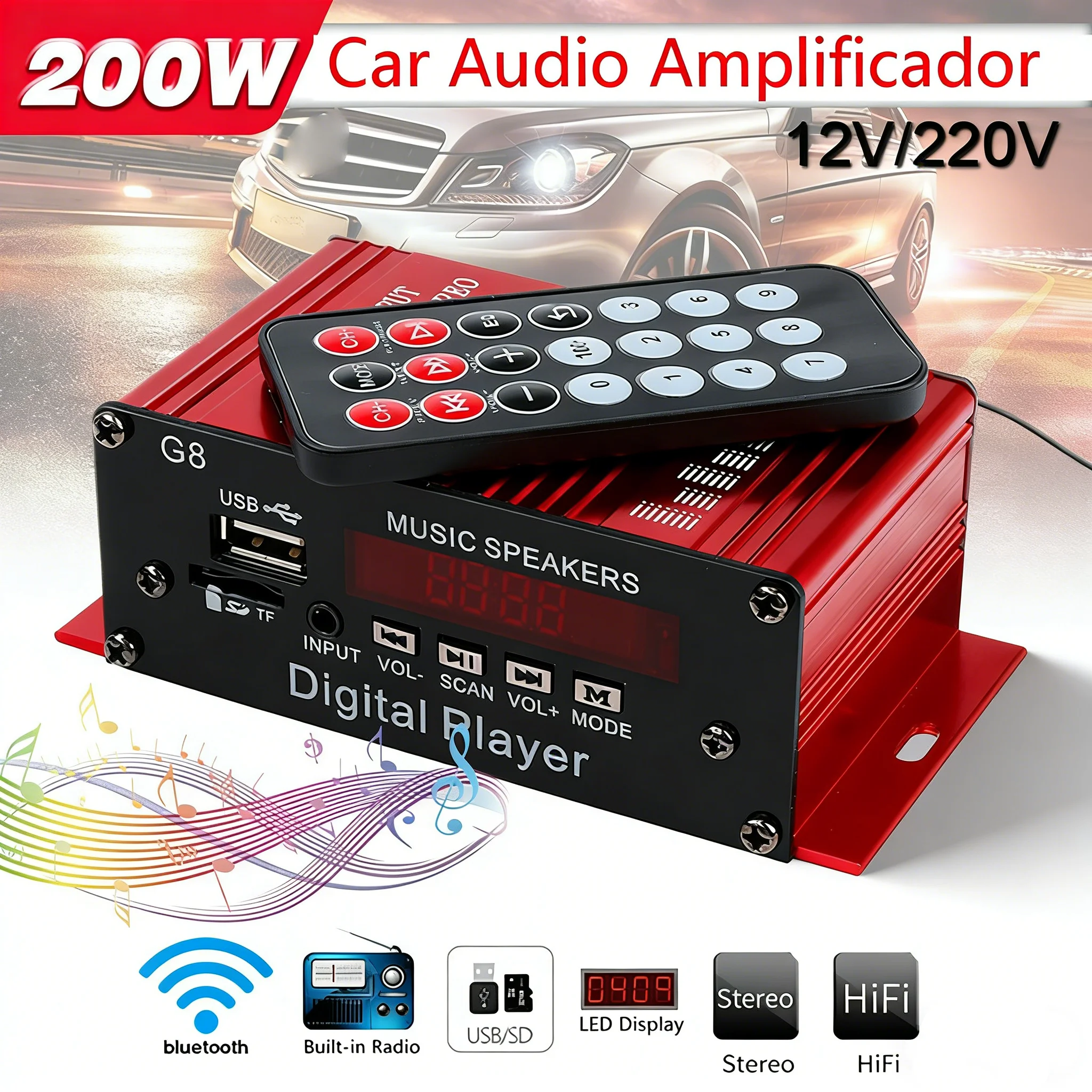

SIHAO Digital Amplifier Bluetooth Sound Amplifier 4 Channel HIFi FM Audio Amp AUX USB/TF/FM MP3 with Remote Control for Home Car