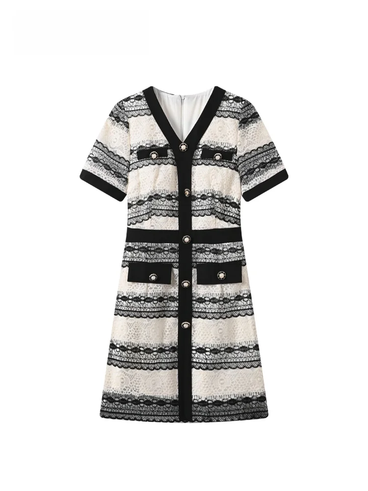 

plus Size Women's V-Neck Short Sleeve Dress Summer New Style Slimming Stripe Skirt Casual A-Line Polyester Fiber Dress