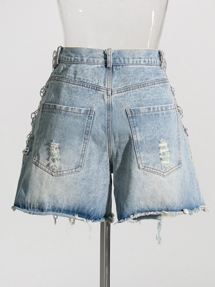 TWOTWINSTYLE Solid Denim Shorts For Women High Waist Patchwork Chain Temperament Casual Loose Sexy Short Panst Female Summer New