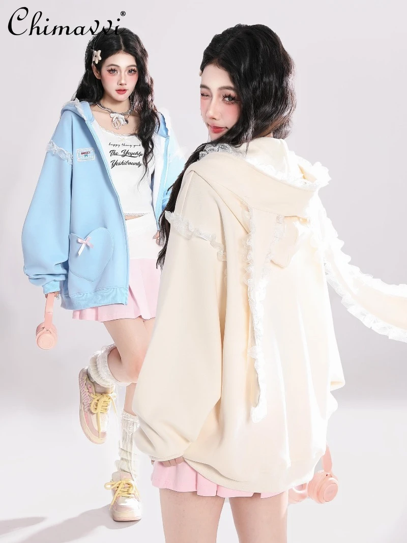 

Sweet Girl Loose Hooded Embroidered Lace Sweatshirt Jacket Women Autumn New Fashion Casual Sweet Lady Long Sleeve Slimming Top