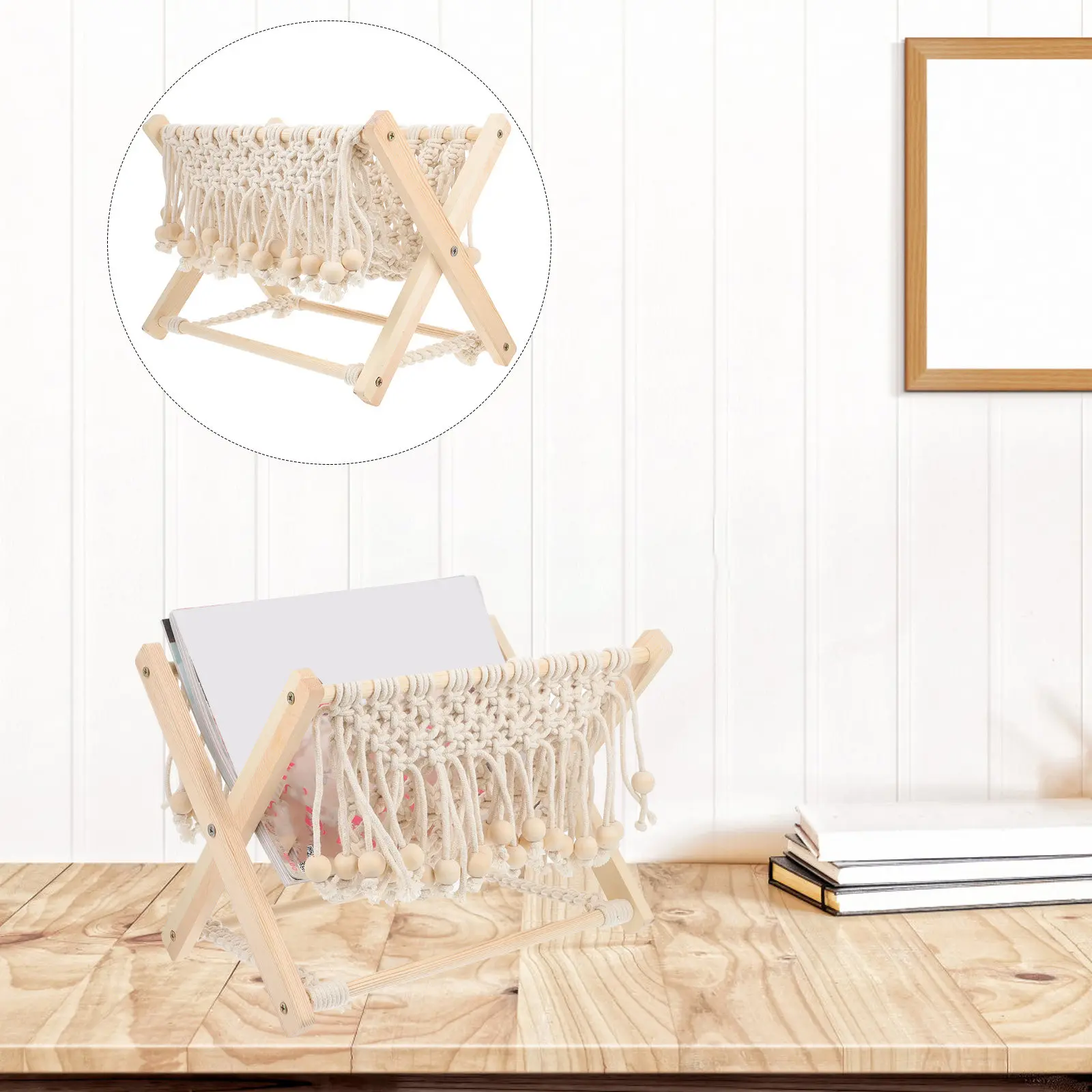 

1Pcs Bohemian Hand-Woven Cotton Rope and Wood Magazine Rack for Living Room Bedroom Office Apartment Rustic Woven Storage Shelf