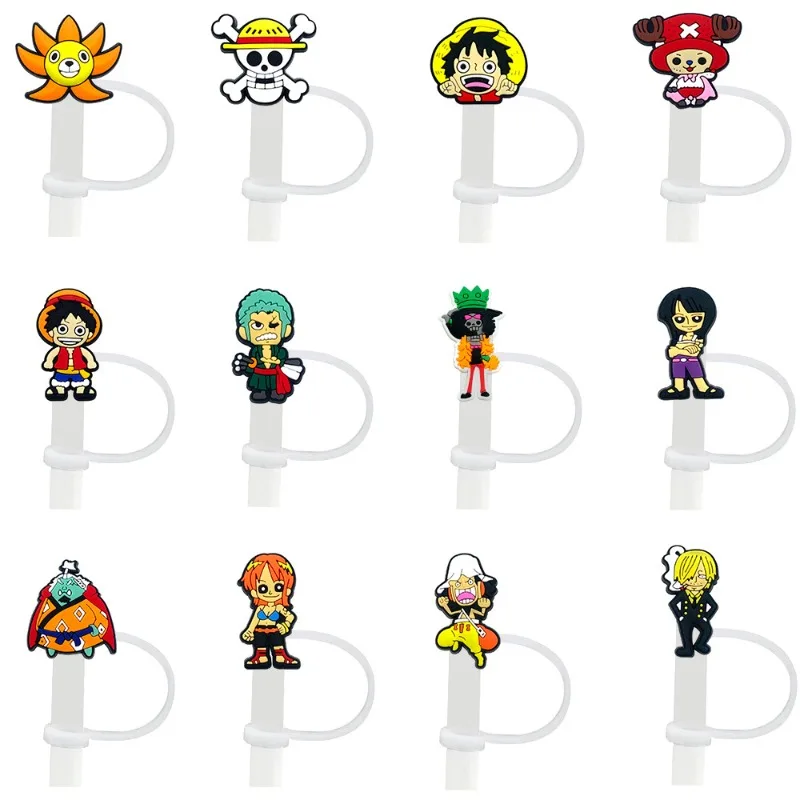 12er-Set brandneue Anime One Piece Silikon 10mm Strohhalmkappen für Trinkbecher mit Griff, staubdicht, wiederverwendbar, Strohhalm-Abdeckung