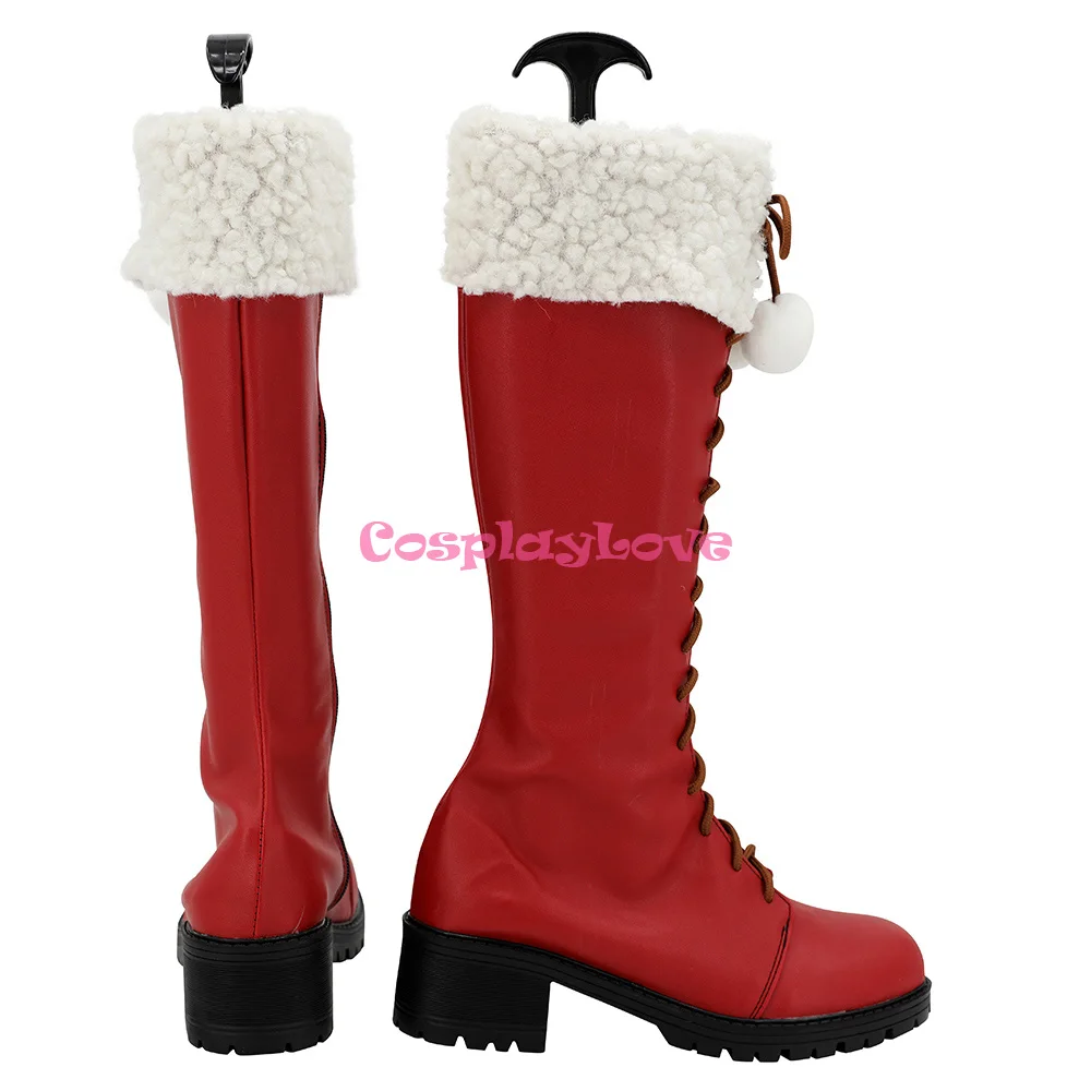 CosplayLove OW GAME DAV NATALE ROSSO Coslay Scarpe Stivali lunghi in pelle realizzati su misura