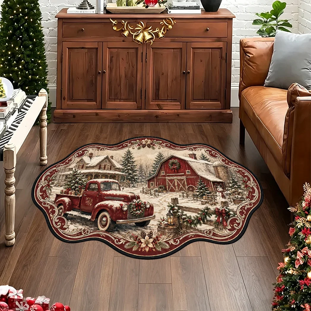 Festive Snow Farm Landscape Area Rug Irregular Framed Red Truck Barn Print Mat For Indoor Holiday Ornament