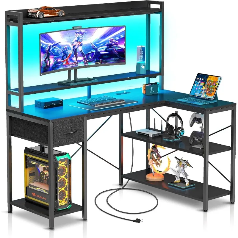 Gaming Desk with LED Light & Power Outlets, 47 inch Computer Desk with Shelves, Reversible L Shaped Desk with Monitor Stand,