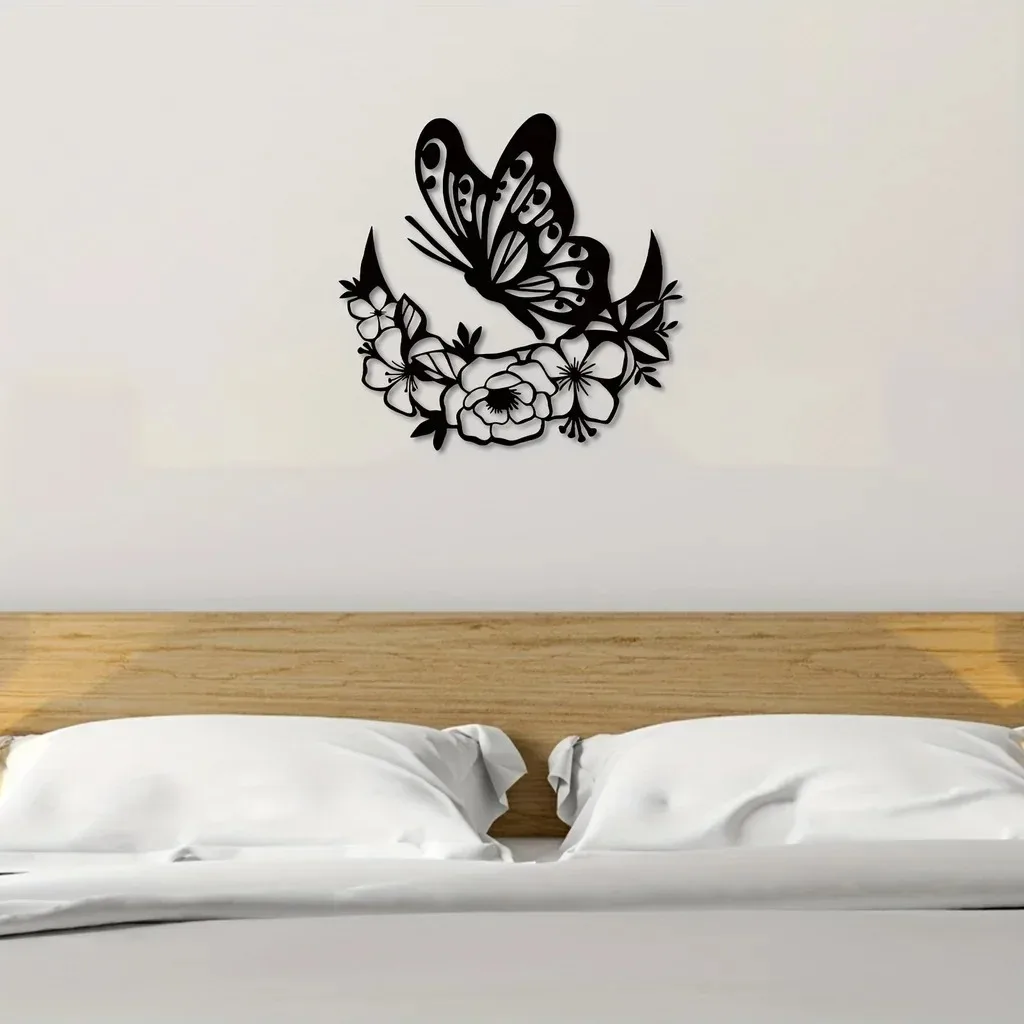 Moon Metal Floral Art Home Decor, Moon Phase Boho Wall Decor Flower and Butterfly Metal Wall Art Moon Home Decor Livingroom