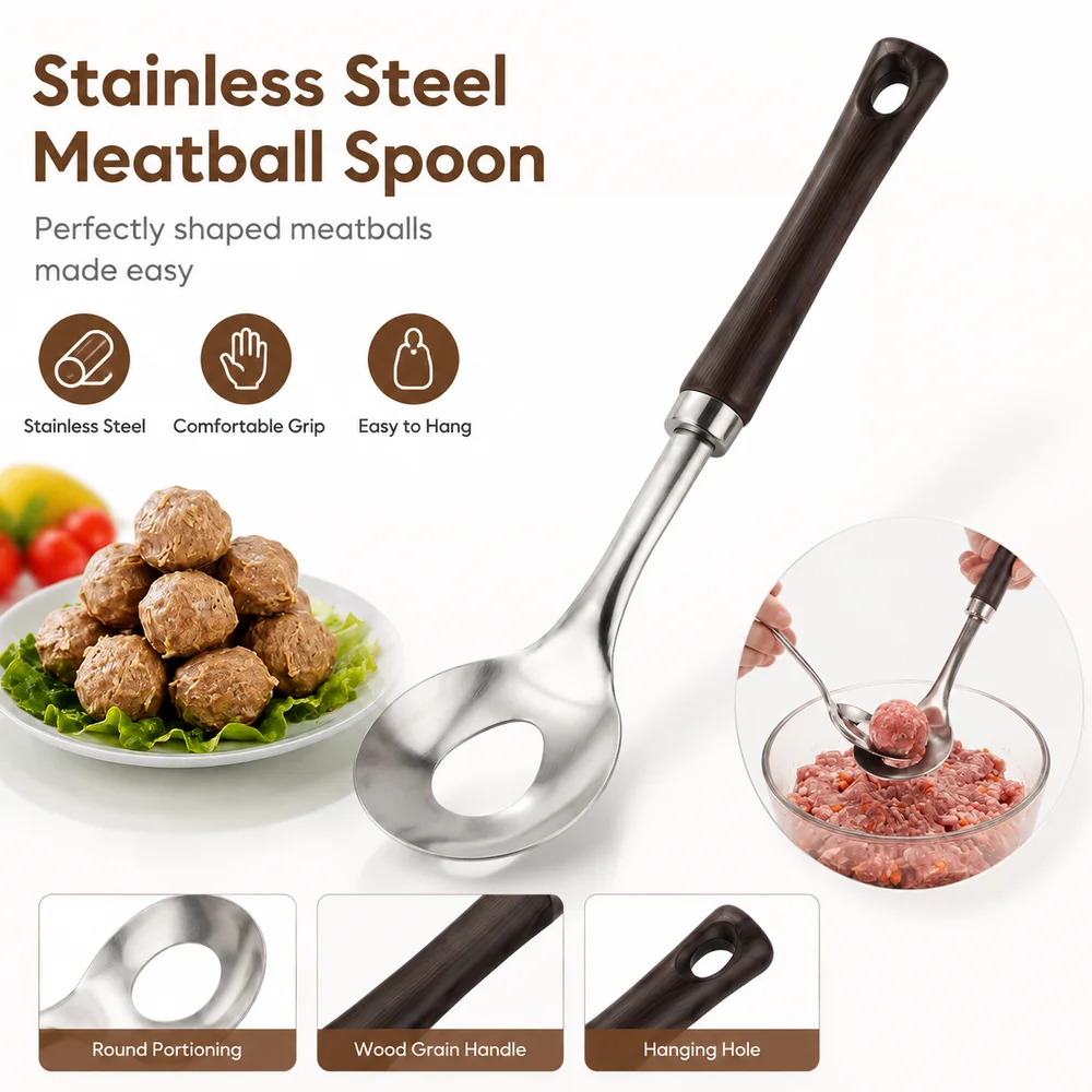 Stainless Steel Meatball Maker Spoon Round Spoon Head Hanging Hole Meatball Scoop Wood Grain Handle Meatball Portioning Tool