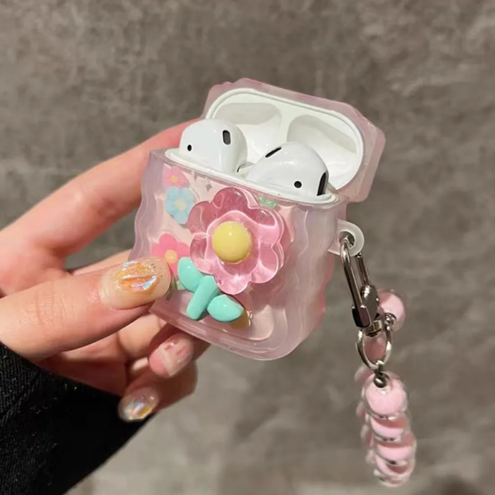 Wave 3D Soft Rubber Earphone Protective Case Bracelet Flower Korean Bluetooth Earphone Case Key Chain for Airpods 1/2/3/Pro 2