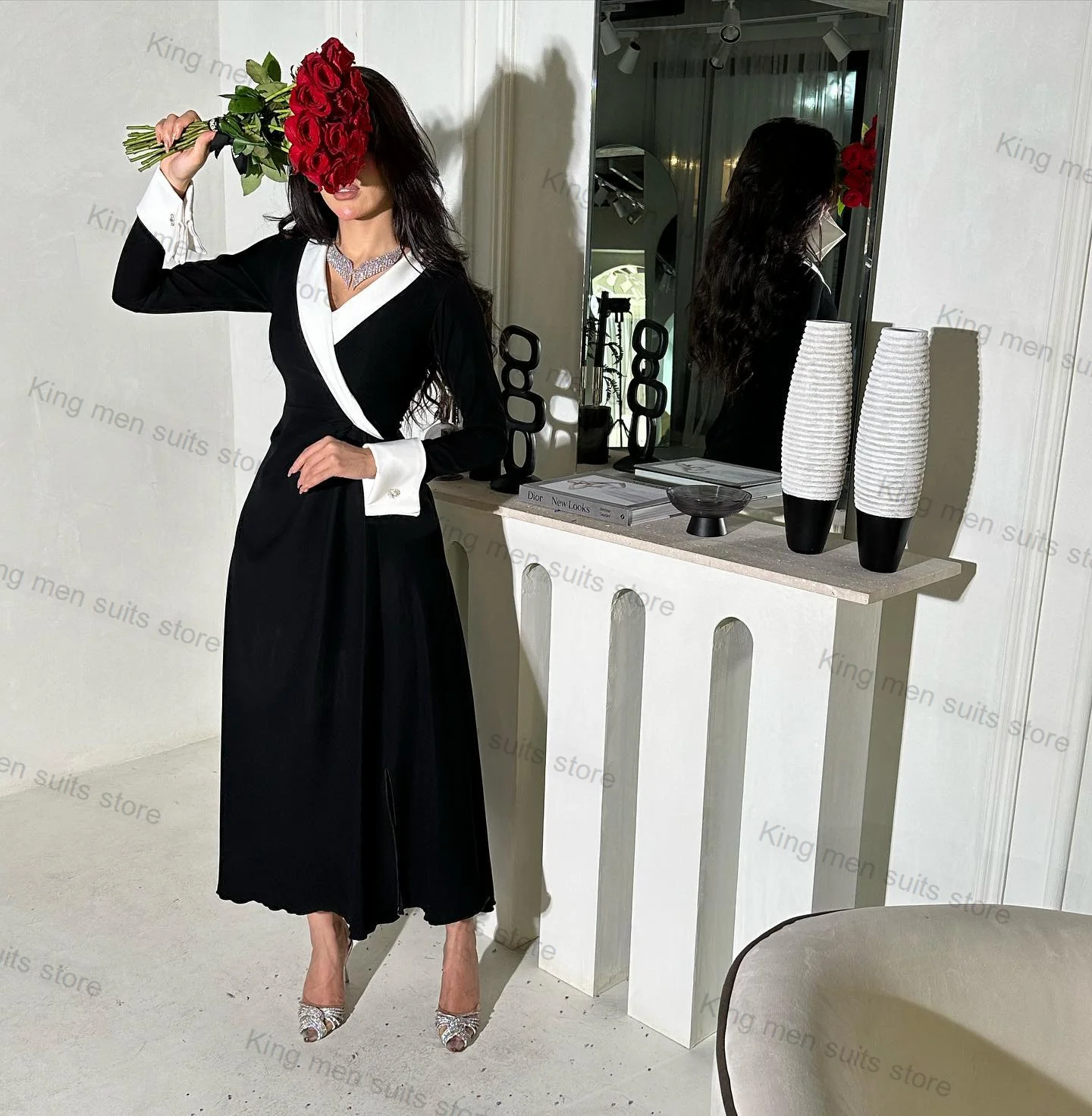 Chaqueta larga de algodón para mujer, traje Formal de oficina, vestido de fiesta con alfombra roja a medida, color blanco y negro, 1 piezas