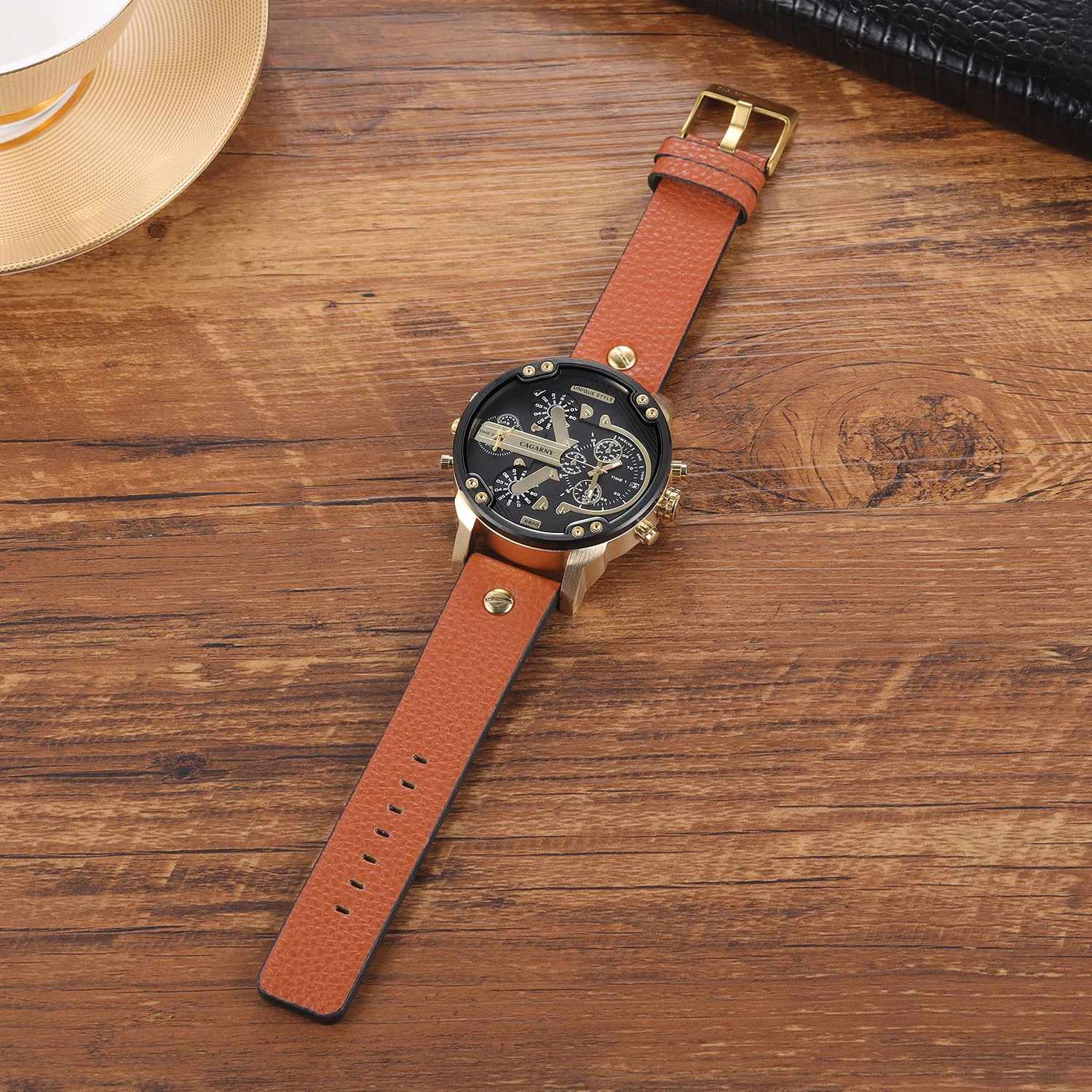 CAGARNY Original Brand Large dial 6820 dual time zone Leather Man Wristwatch Date Waterproof Fashion Casual Men\'s Quartz watches