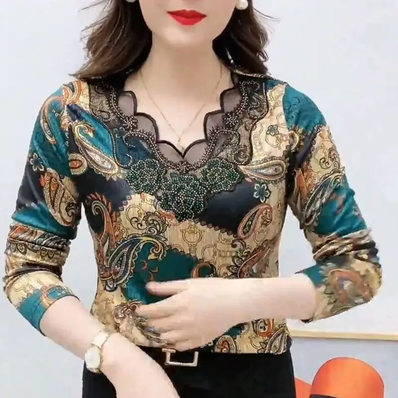 Women\'s Clothing Paisley Printed T-shirt Floral Vintage Spring Autumn Lace Patchwork Chic Diamonds Folk Slim V-Neck Pullovers