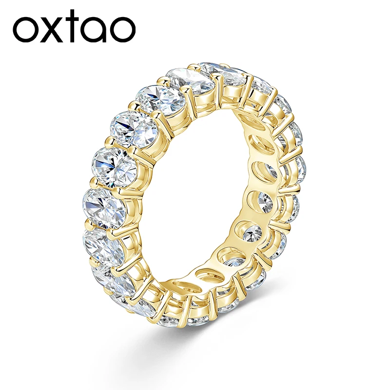 OXTAO 4x6mm Oval Cut Full Moissanite Eternity Rings Anniversary Gifts for Women Men 14K Gold Filled Jewelry Elegant Stackable Wedding Ring with Certified