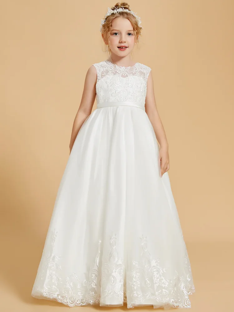 

Flower Girl Dresses White Tulle Lace Flory Appliques Sleeveless For Wedding Birthday Party Banquet First Communion Gowns