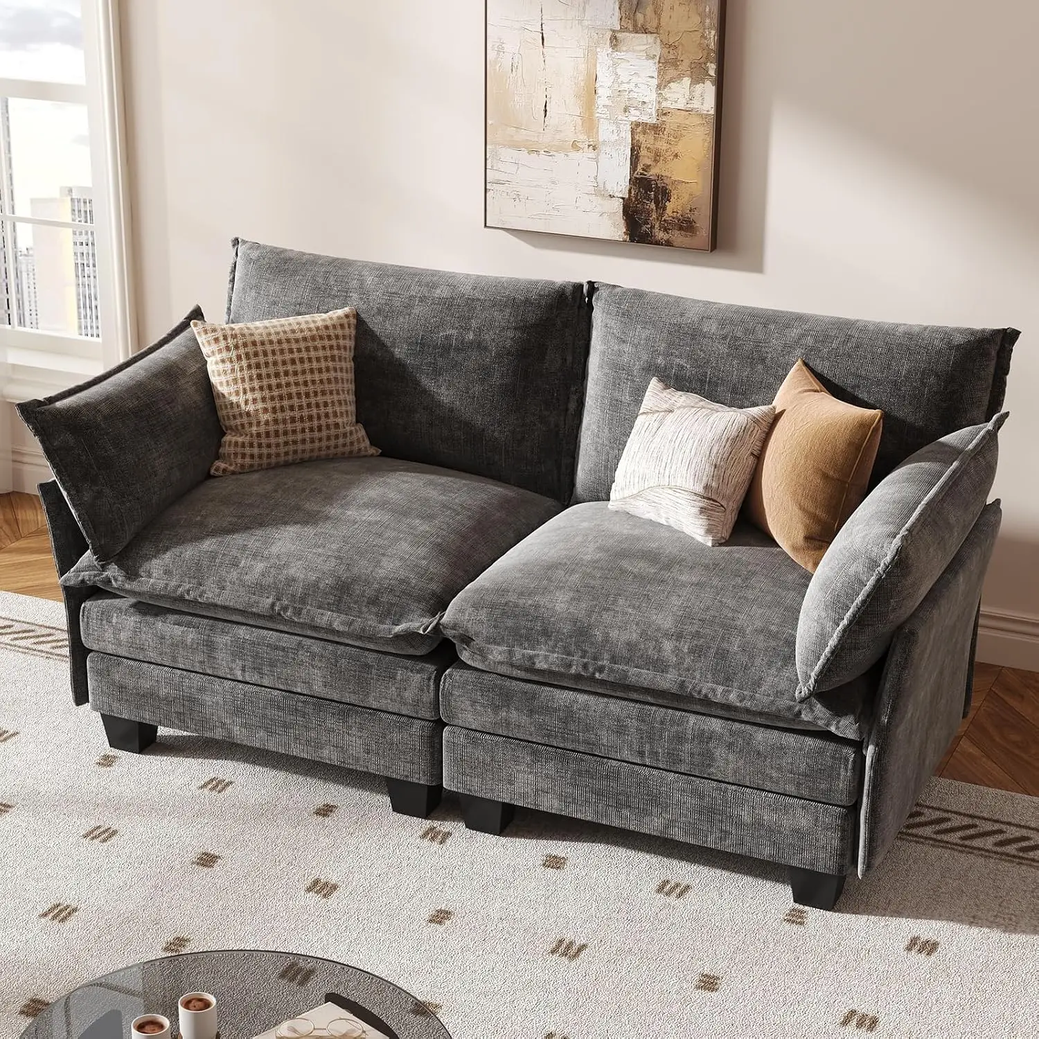 Chenille Modular Sectional Sofa 2 Seater, Modern Cloud Couch For Living Room & Apartment, Grey, Customized